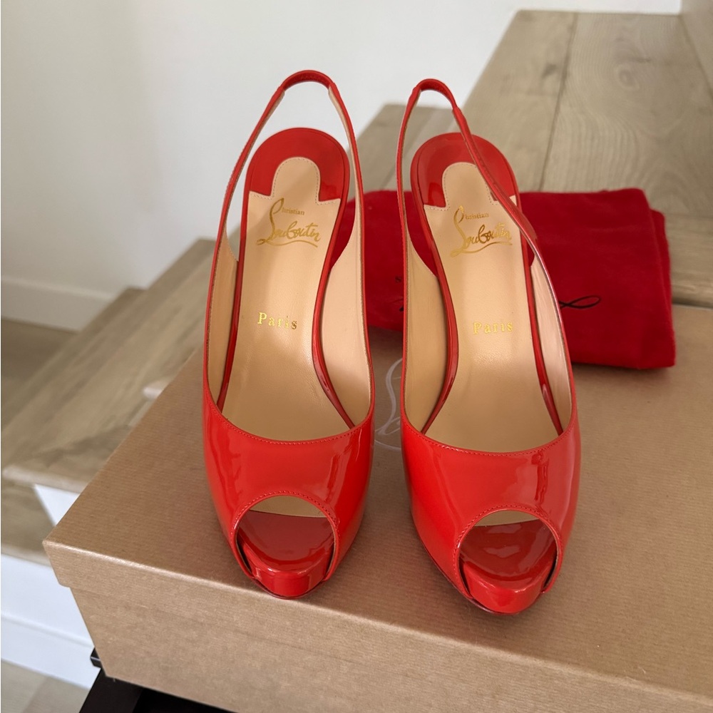 Christian Louboutin Flo Sling 120 Patent Red Peep Toe Pumps Slingback 39.5
